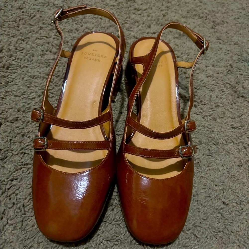 🍂🍎Sezane PAULA BABIES in PATENT CAMEL Sling back Heels - Picture 6 of 13